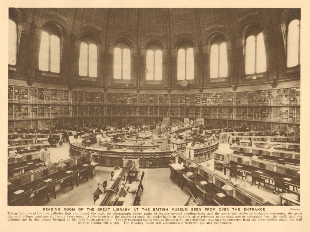 Reading room of the great library at the British Museum 1926 old vintage print